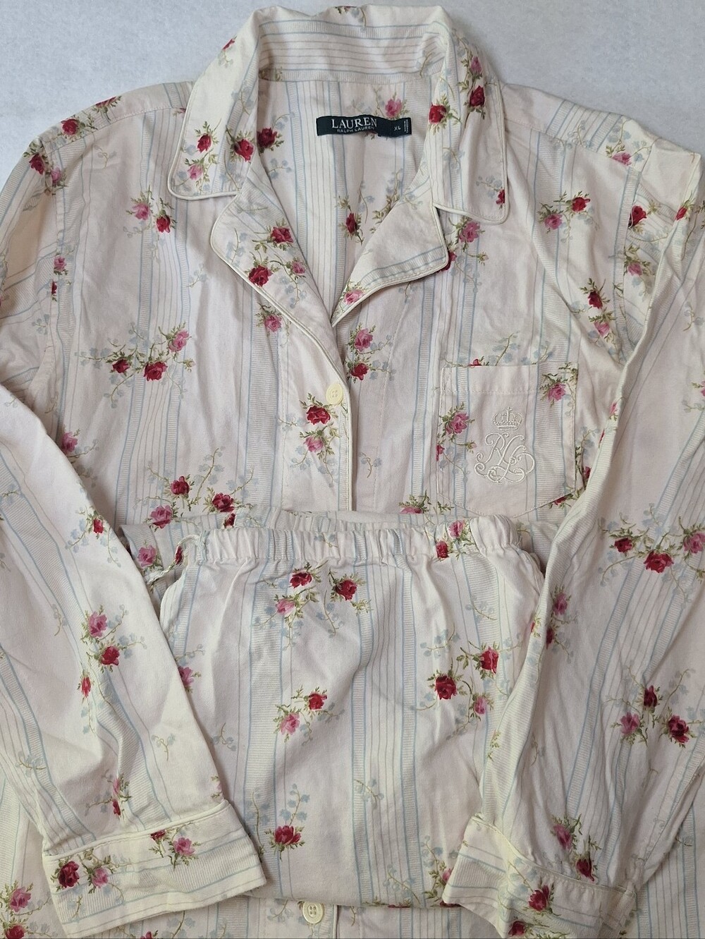 Lauren Ralph Lauren 2 PC Pajama Set XL Monogram Rose Print Royal Elegant Fleece